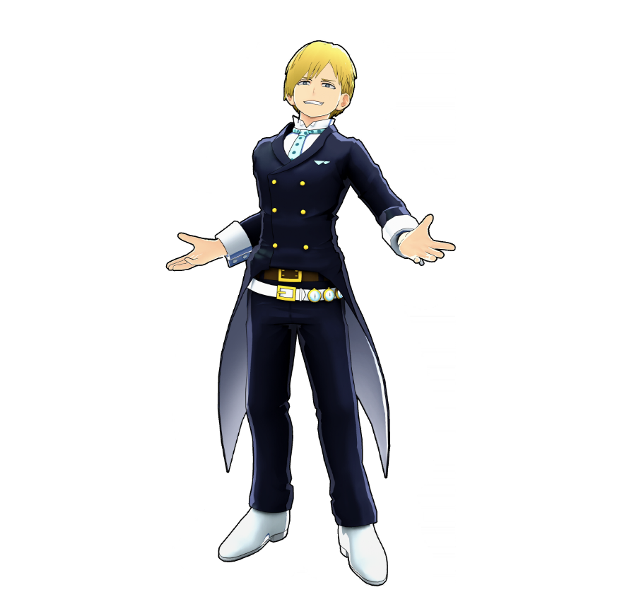 Il costume da eroe di Neito Monoma.
Indossa degli orologi alla cintura per tenere sotto controllo la durata dei Quirk copiati.